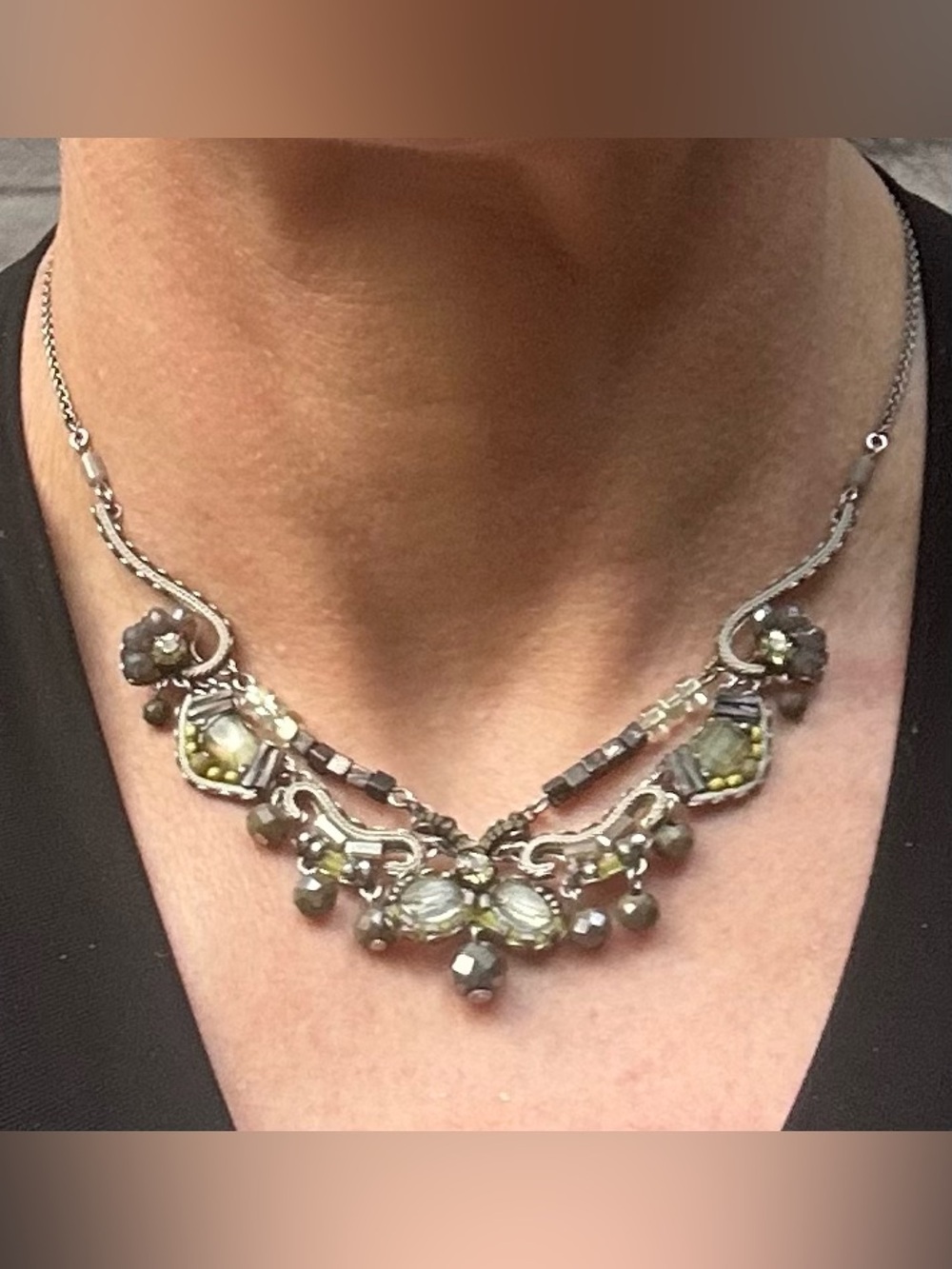 NWOT Ayalabar Antique-Inspired Silver Necklace with Green and Gray Beads